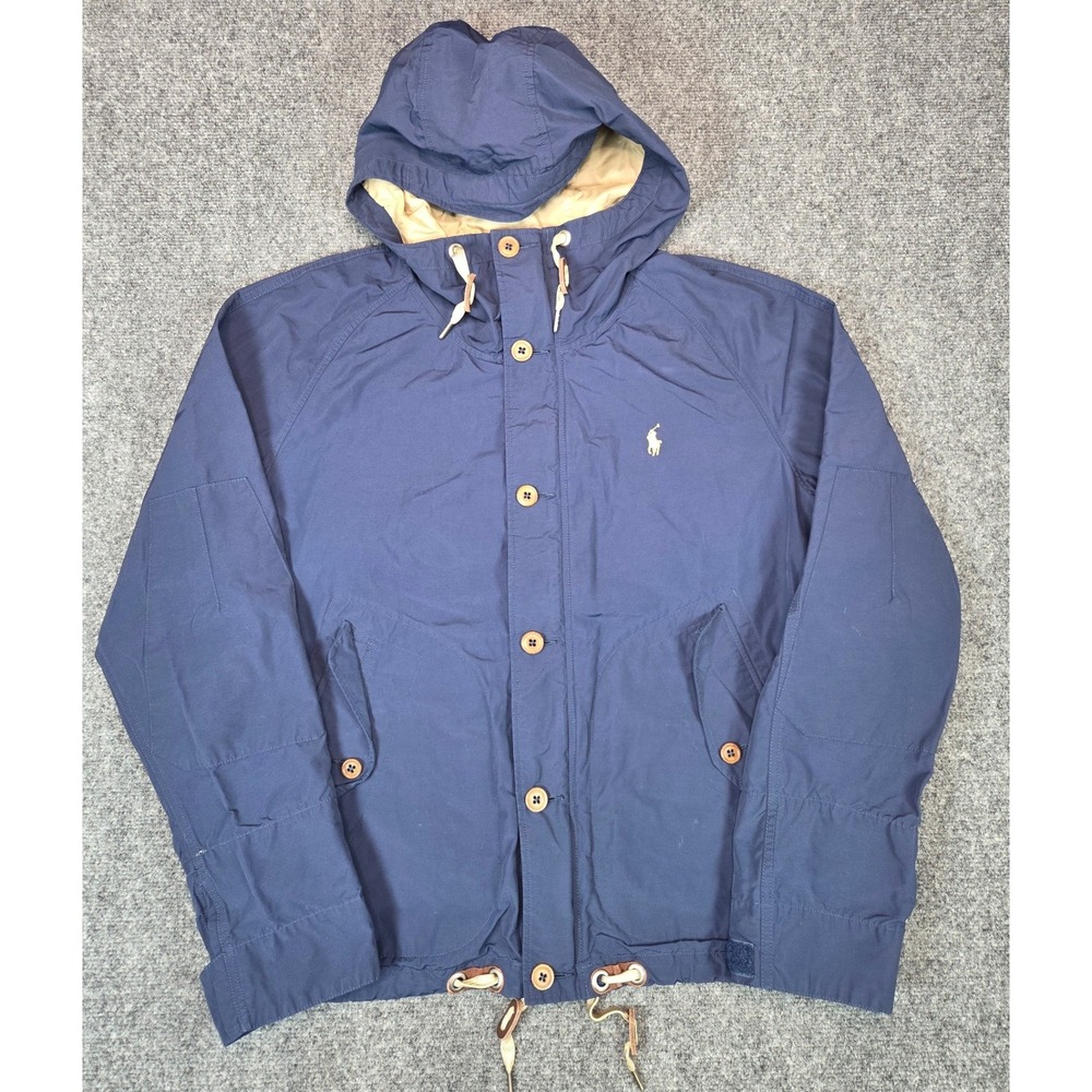 Polo Ralph Lauren Hooded Rain Jacket Mens M Navy Blue Full Zip Button